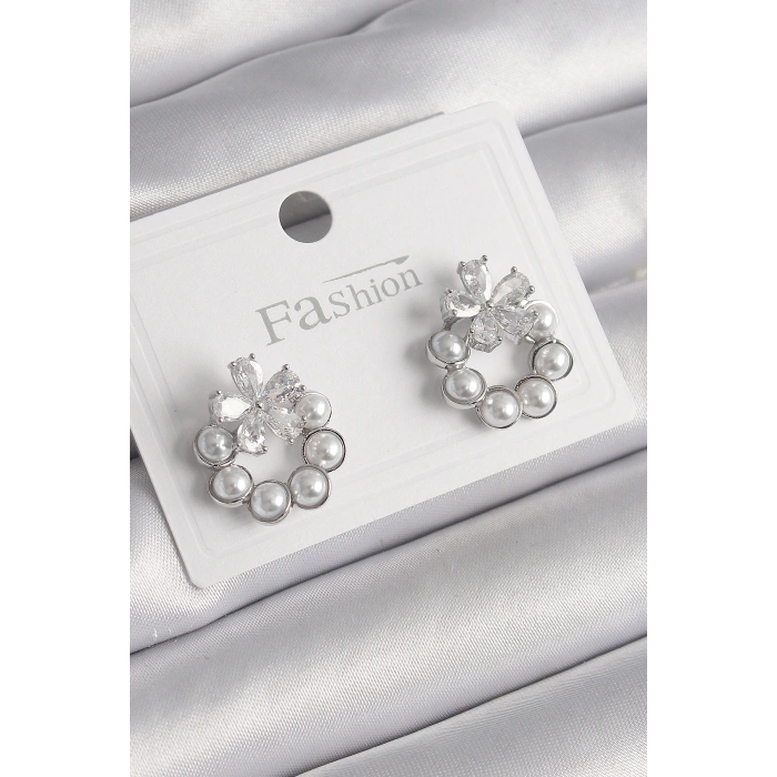 Pirinç Gümüş Renk İncili Halka Model Zirkon Taşlı Çiçek Detay Kadın Küpe