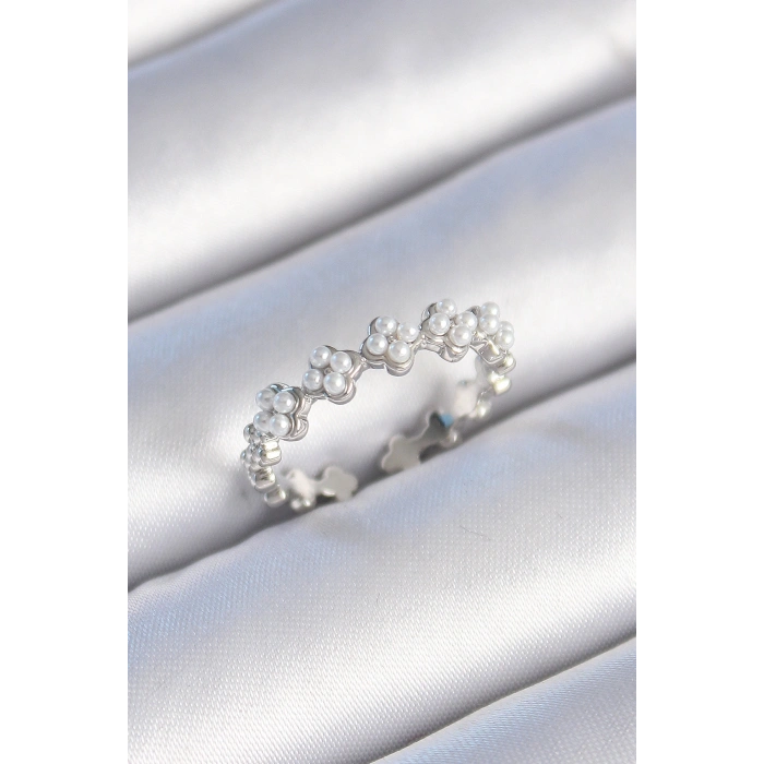 Pirinç Gümüş Renk İncili Yonca Model Kadın Yüzük