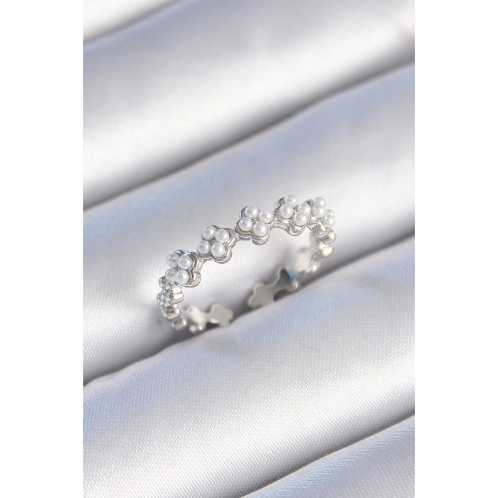 Pirinç Gümüş Renk İncili Yonca Model Kadın Yüzük