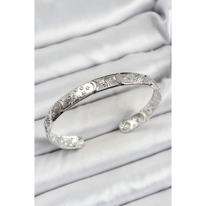 Pirinç Gümüş Renk İşlemeli Altı Açık Bileklik