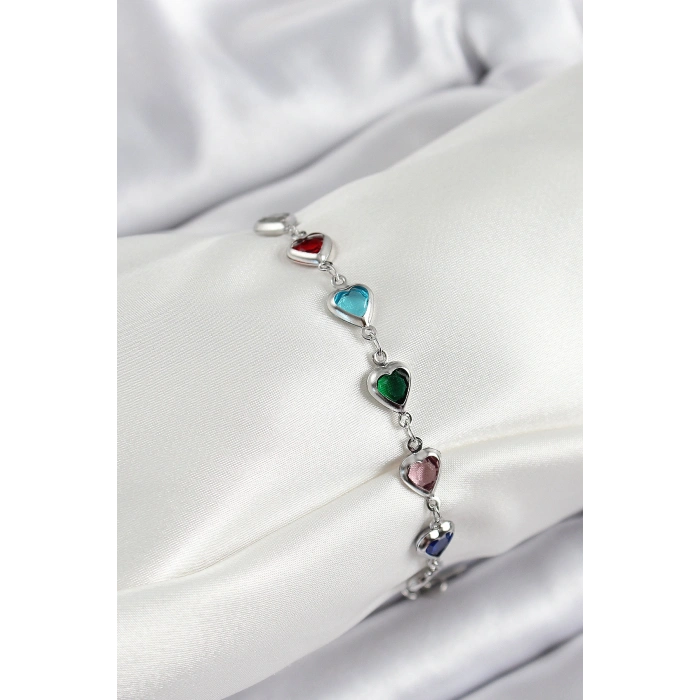 Pirinç Gümüş Renk Karışık Renk Kalp Zirkon Taşlı Kadın Bileklik