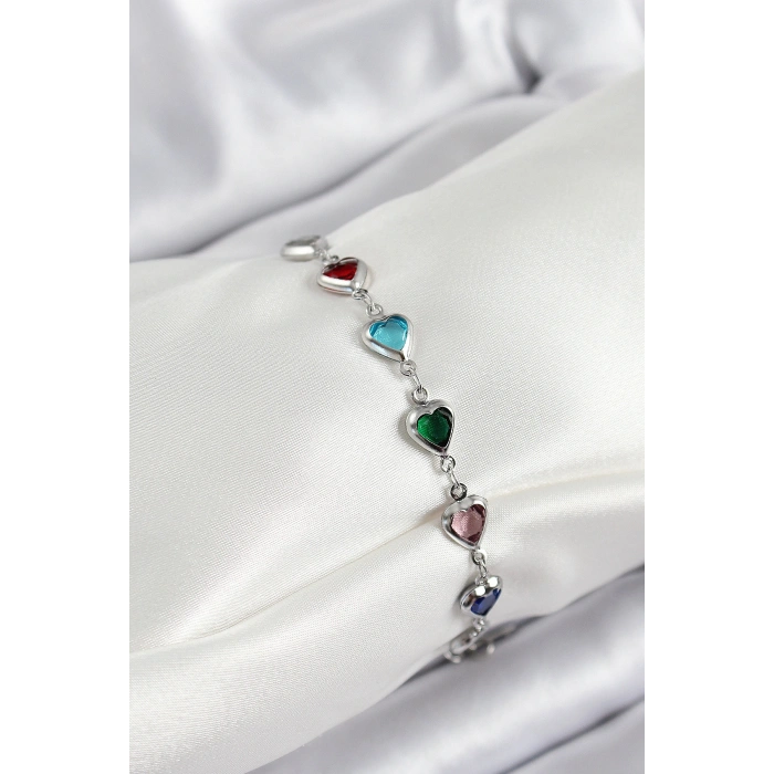 Pirinç Gümüş Renk Karışık Renk Kalp Zirkon Taşlı Kadın Bileklik