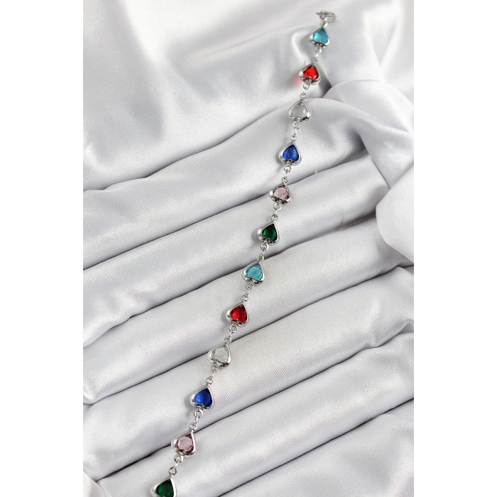 Pirinç Gümüş Renk Karışık Renk Kalp Zirkon Taşlı Kadın Bileklik