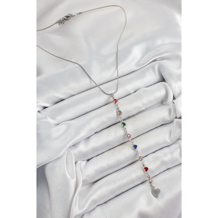 Pirinç Gümüş Renk Karışık Renk Zirkon Taşlı Kalpli Y Kadın Kolye