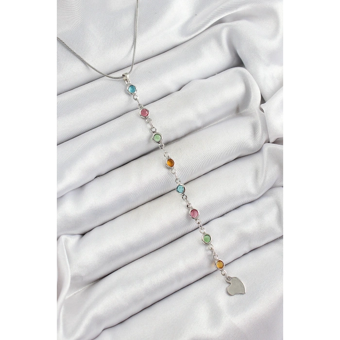 Pirinç Gümüş Renk Karışık Renk Zirkon Taşlı Y Kadın Kolye