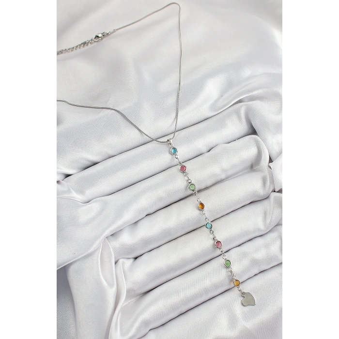 Pirinç Gümüş Renk Karışık Renk Zirkon Taşlı Y Kadın Kolye