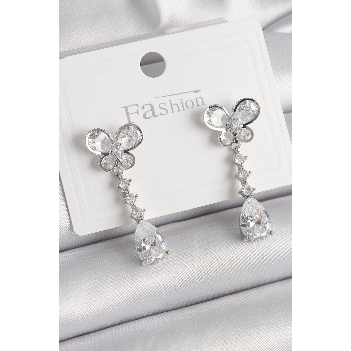 Pirinç Gümüş Renk Kelebek Model Sallantı Damla Zirkon Taşlı Kadın Küpe