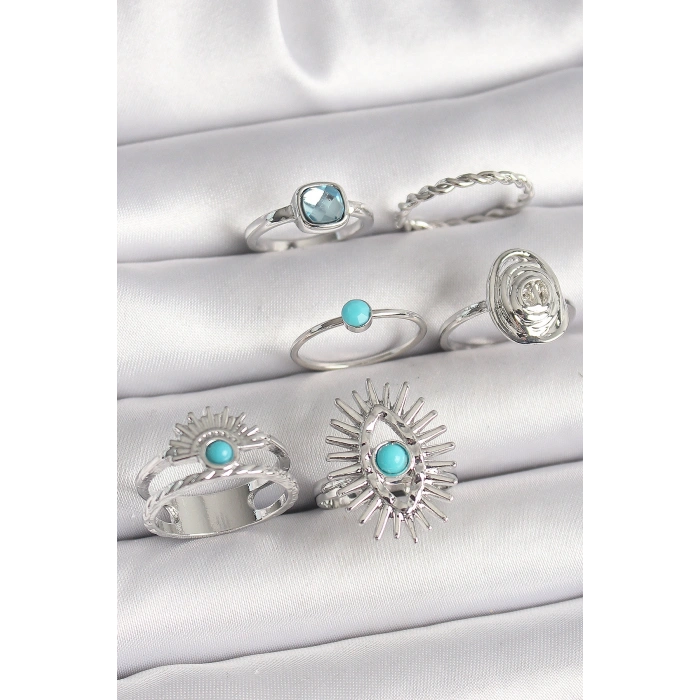 Pirinç Gümüş Renk Mavi Taşlı Kare Zirkon Taş Detaylı Kadın Yüzük Kombini