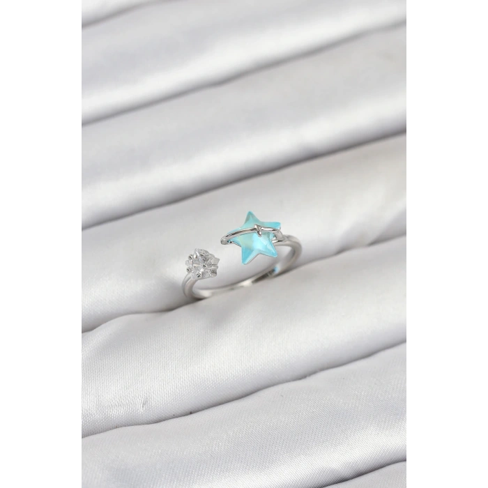 Pirinç Gümüş Renk Mavi Yıldızlı Model Kadın Yüzük