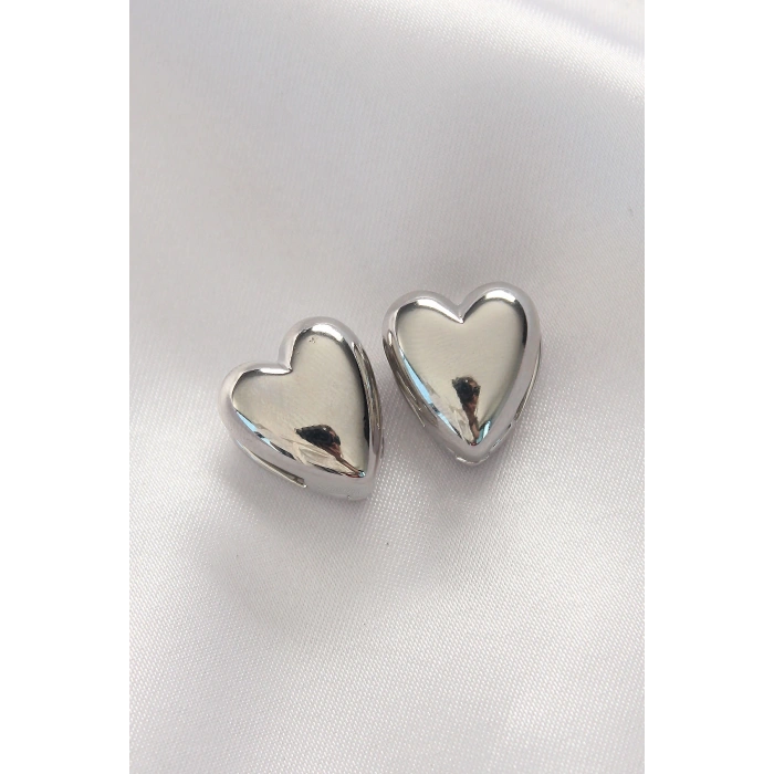 Pirinç Gümüş Renk Minimal Bombeli Kalp Küpe