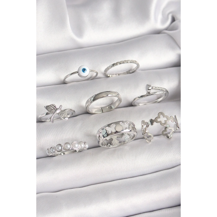 Pirinç Gümüş Renk Nazar Boncuk Detay İncili Kelebek İşlemeli Kadın Yüzük Kombini