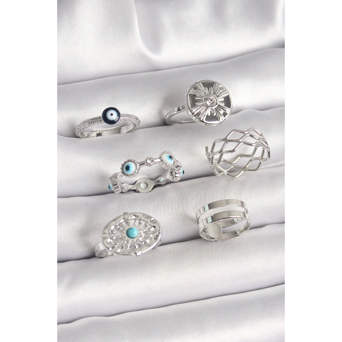 Pirinç Gümüş Renk Nazar Boncuk Zirkon Taş Detaylı Dalga Figür Kadın Yüzük Kombini