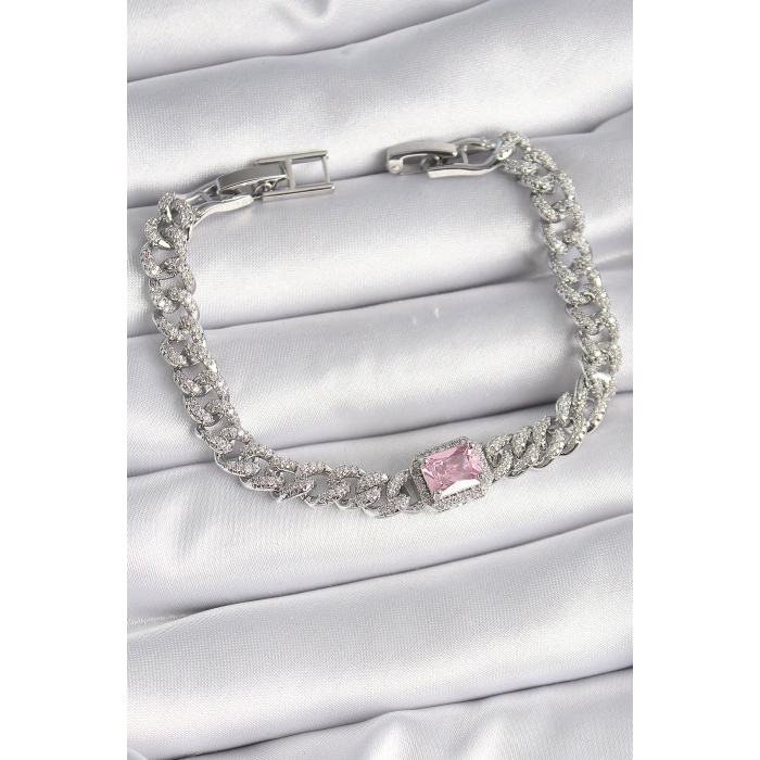 Pirinç Gümüş Renk Pembe Kare Zirkon Taşlı VIP Seri Kadın Bileklik