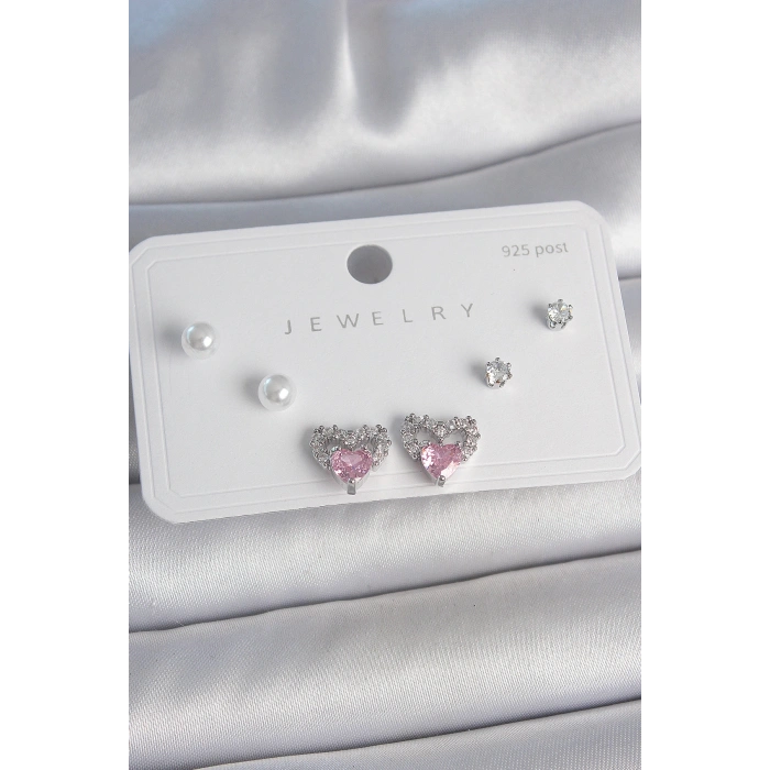 Pirinç Gümüş Renk Pembe Zirkon Taşlı Kalp Model İnci Detay 925 Ayar Gümüş Çivi Kadın Küpe Seti