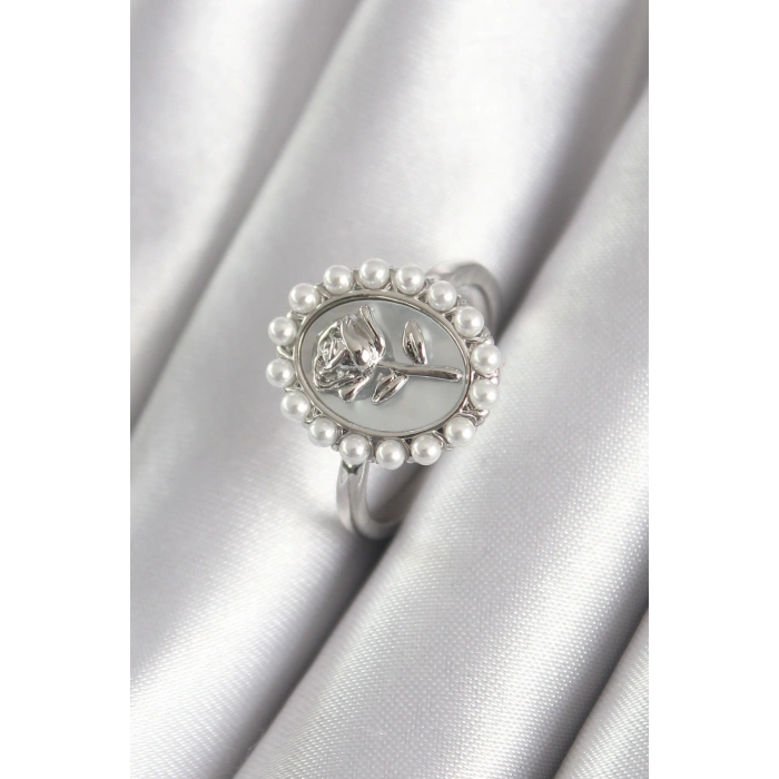 Pirinç Gümüş Renk Portre Gül Model İnci Detay Kadın Yüzük