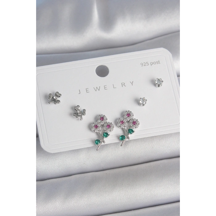 Pirinç Gümüş Renk Renkli Zirkon Taşlı Çiçek Model Yaprak Detay 925 Ayar Gümüş Çivi Kadın Küpe Seti