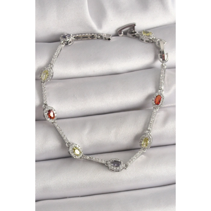 Pirinç Gümüş Renk Renkli Zirkon Taşlı Damla Taş Model Kadın Bileklik