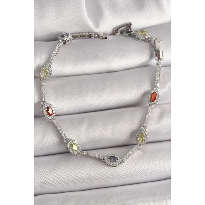 Pirinç Gümüş Renk Renkli Zirkon Taşlı Damla Taş Model Kadın Bileklik