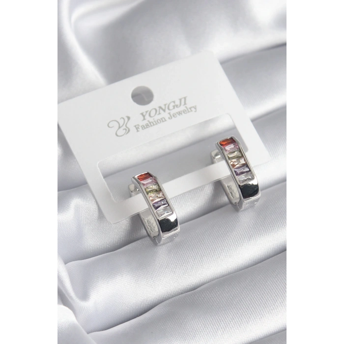 Pirinç Gümüş Renk Renkli Zirkon Taşlı Kadın Küpe