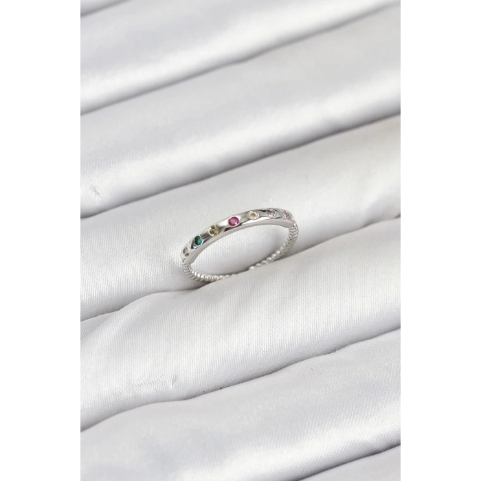 Pirinç Gümüş Renk Renkli Zirkon Taşlı Kadın Yüzük