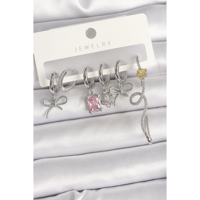 Pirinç Gümüş Renk Sallantı Kurdele Kuyruklu Yıldız Figür Pembe Kare Zirkon Taş Detay Kadın Küpe Seti