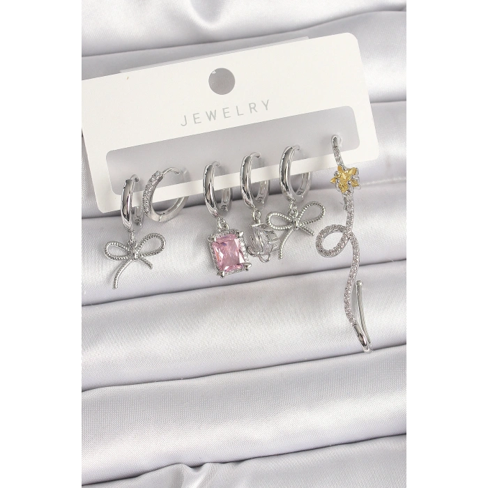 Pirinç Gümüş Renk Sallantı Kurdele Kuyruklu Yıldız Figür Pembe Kare Zirkon Taş Detay Kadın Küpe Seti