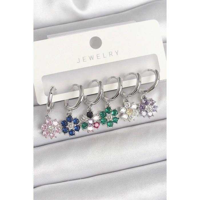 Pirinç Gümüş Renk Sallantı Renkli Zirkon Taşlı Çiçek Model Kadın Küpe Seti