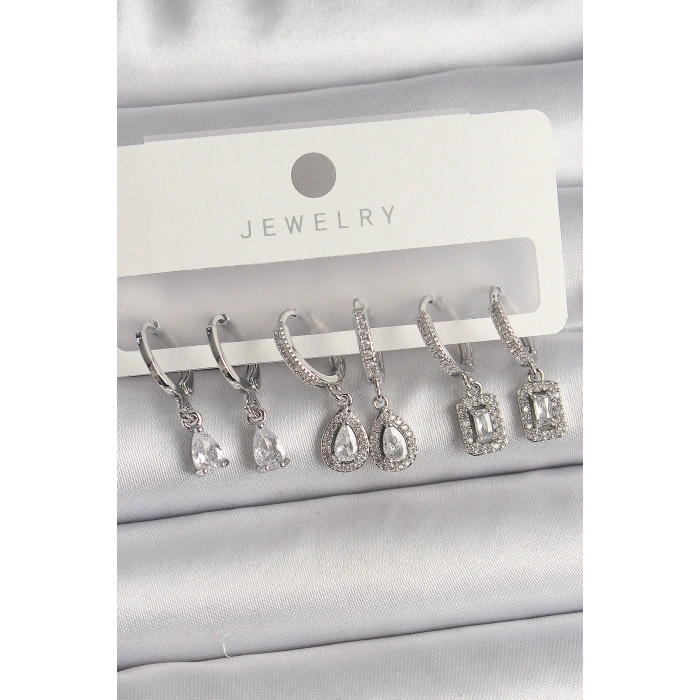 Pirinç Gümüş Renk Sallantı Zirkon Taşlı Damla Model Kadın Küpe Seti