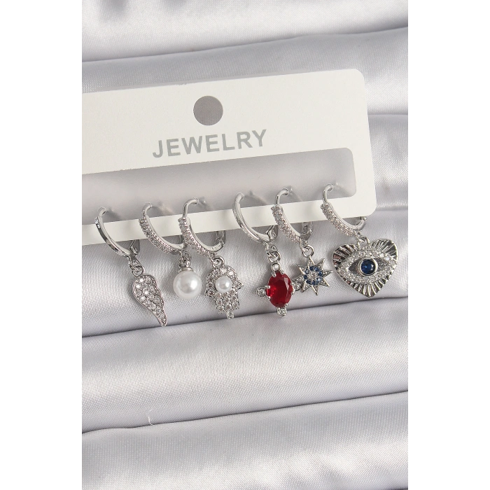 Pirinç Gümüş Renk Sallantı Zirkon Taşlı Fatma Ana El Figür Kadın Küpe Seti