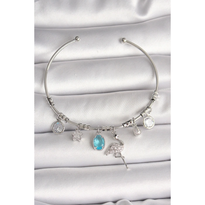 Pirinç Gümüş Renk Sallantı Zirkon Taşlı Filaminga Figür Charm Kadın Bileklik