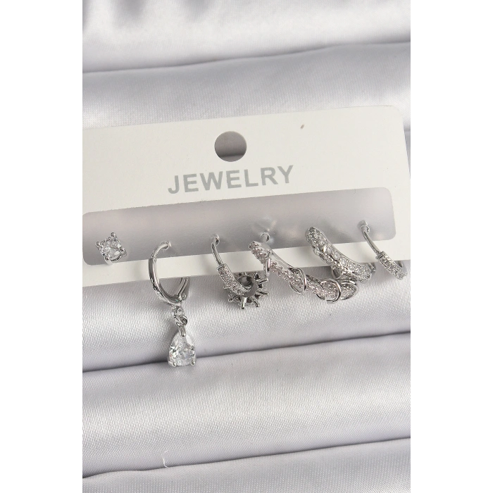 Pirinç Gümüş Renk Sallantı Zirkon Taşlı Halka Model Damla Taş Detay Kadın Küpe Seti