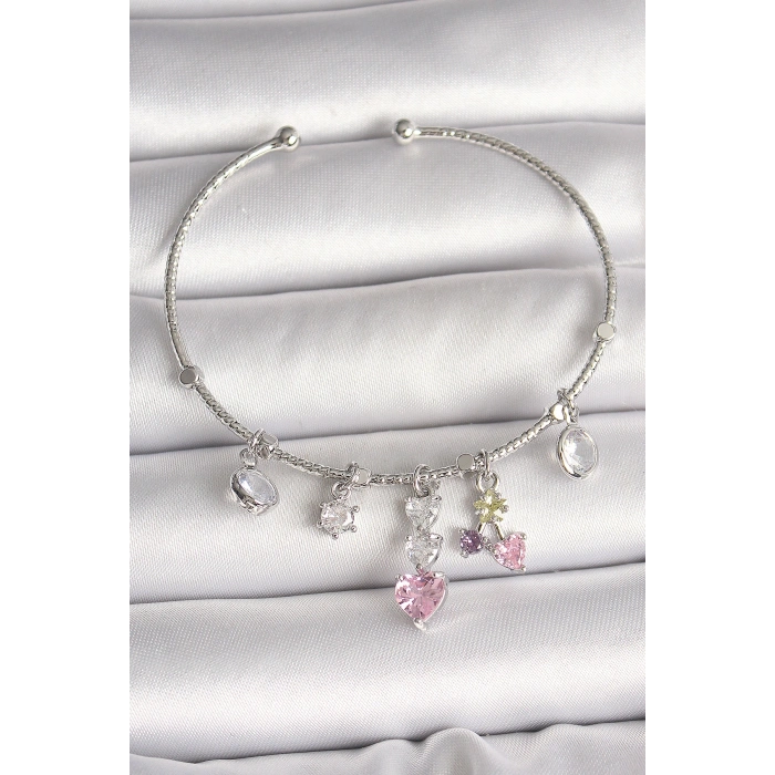 Pirinç Gümüş Renk Sallantı Zirkon Taşlı Kalp Figür Charm Kadın Bileklik