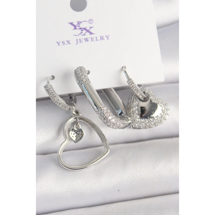 Pirinç Gümüş Renk Sallantı Zirkon Taşlı Kalp Model 3Lü Kadın Kombin Küpe