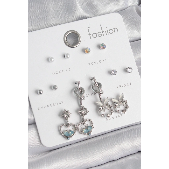 Pirinç Gümüş Renk Sallantı Zirkon Taşlı Kalp Model Düğüm Detay 7 Çift Kadın Küpe Seti