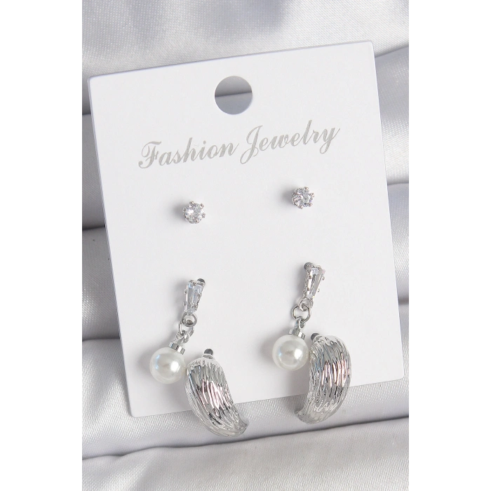 Pirinç Gümüş Renk Sallantılı Zirkon Taşlı Damla Model 3 Çift Kadın Küpe Seti