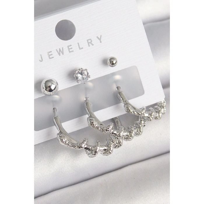 Pirinç Gümüş Renk Sarmal Yılan Halka Model Zirkon Taşlı Topçuk Detay Kadın Küpe Seti