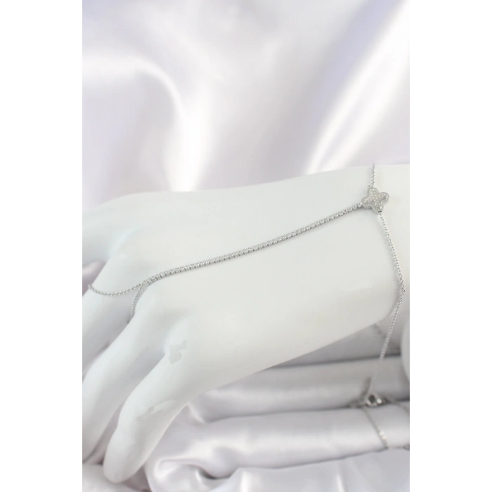 Pirinç Gümüş Renk Su Yolu Zirkon Taşlı İşlemeli Yonca Model Kadın Şahmeran