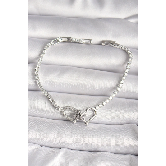 Pirinç Gümüş Renk Su Yolu Zirkon Taşlı Model Kadın Bileklik