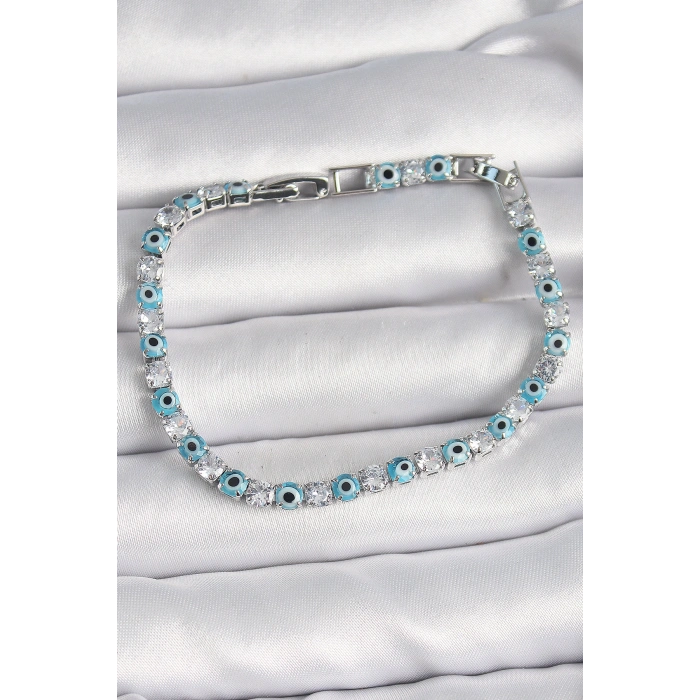 Pirinç Gümüş Renk Su Yolu Zirkon Taşlı Nazar Boncuklu Kadın Bileklik