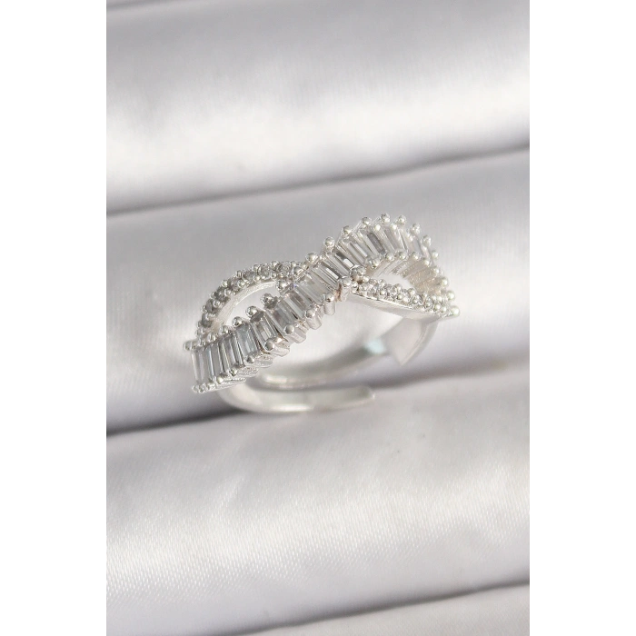 Pirinç Gümüş Renk Su Yolu Zirkon Taşlı Sonsuzluk Model Ayarlanabilir Kadın Yüzük