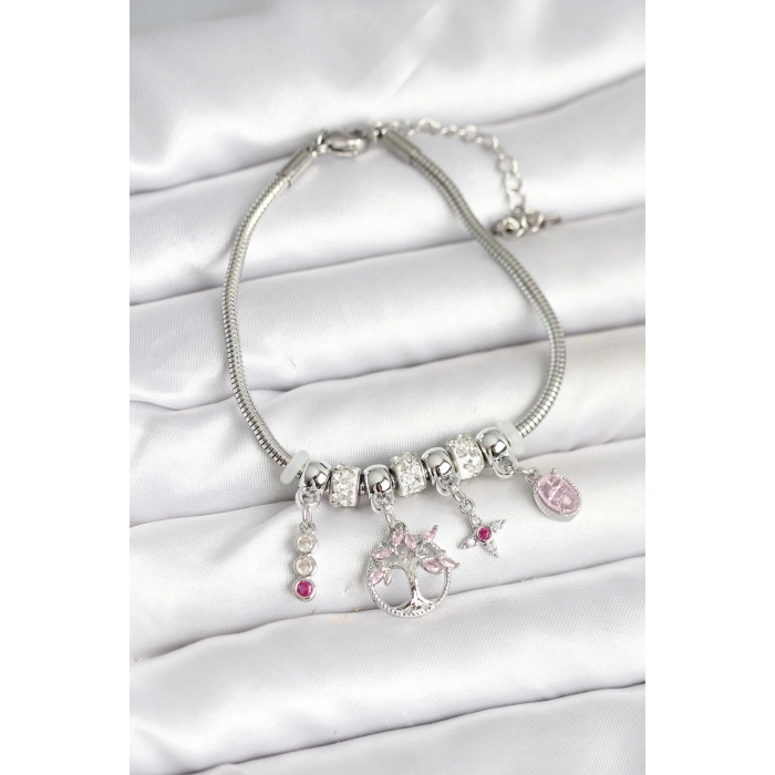 Pirinç Gümüş Renk Yaşam Ağacı Charmlı Kadın Bileklik