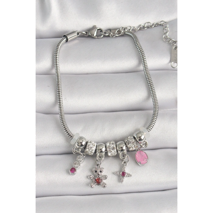 Pirinç Gümüş Renk Zincir Sallantı Zirkon Taşlı Ayıcık Figür Yıldız Detay Kadın Bileklik