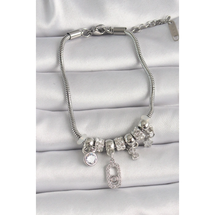 Pirinç Gümüş Renk Zincir Sallantı Zirkon Taşlı Messika Figür Yıldız Detay Kadın Bileklik