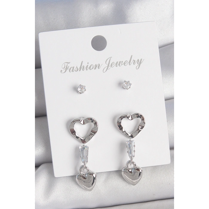 Pirinç Gümüş Renk Zirkon Taş Detaylı Sallantı Model 2 Çift Kadın Küpe Seti