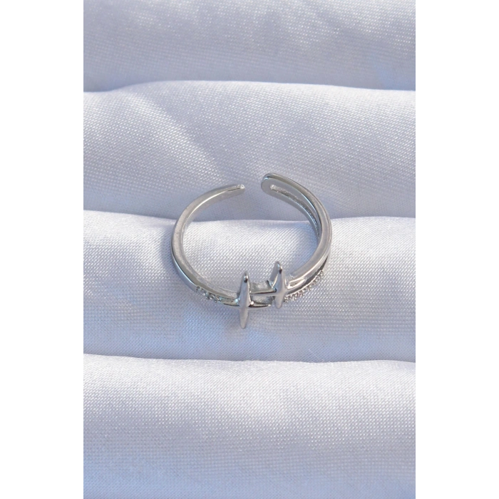 Pirinç Gümüş Renk Zirkon Taşlı 2li Görünüm Ayarlanabilir Yıldız Model Yüzük