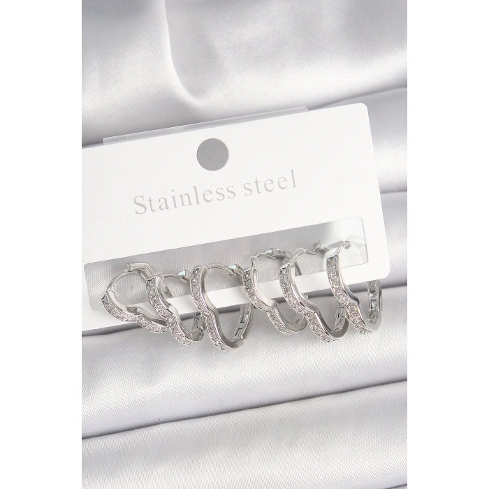 Pirinç Gümüş Renk Zirkon Taşlı 3 Çift Kalp Model Kadın Küpe