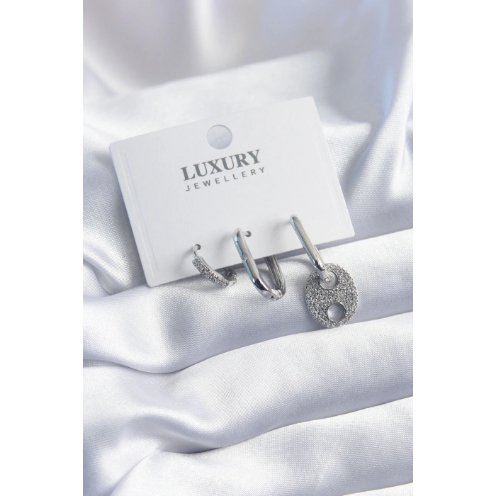 Pirinç Gümüş Renk Zirkon Taşlı 3lü Kadın Küpe Seti