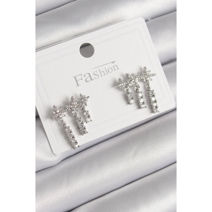 Pirinç Gümüş Renk Zirkon Taşlı 3Lü Sallantı Yıldız Model Kadın Küpe