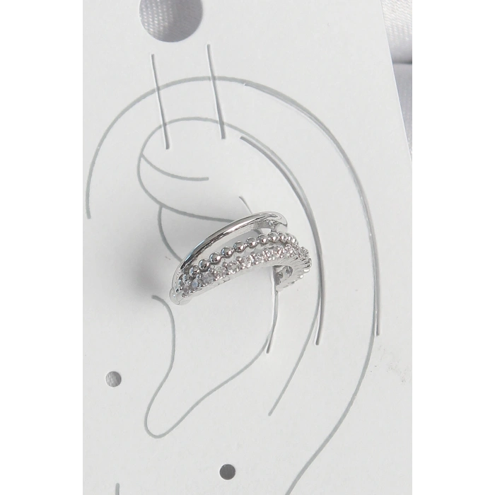 Pirinç Gümüş Renk Zirkon Taşlı 3Lü Sıralı Kadın Kıkırdak Küpe