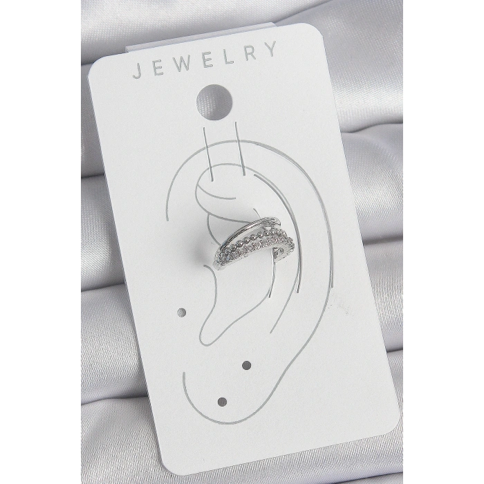 Pirinç Gümüş Renk Zirkon Taşlı 3Lü Sıralı Kadın Kıkırdak Küpe